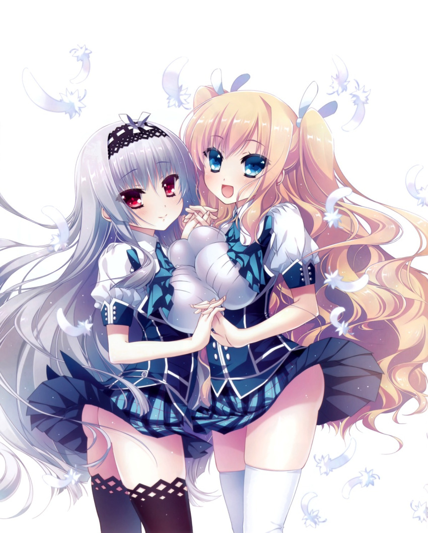 2girls :d artist_request ass asymmetrical_docking black_legwear blush breast_press character_request closed_mouth feathers grey_hair hairband highres holding_hands long_hair looking_at_viewer multiple_girls open_mouth puffy_short_sleeves puffy_sleeves red_eyes short_sleeves simple_background smile thigh-highs two_side_up very_long_hair white_background white_legwear