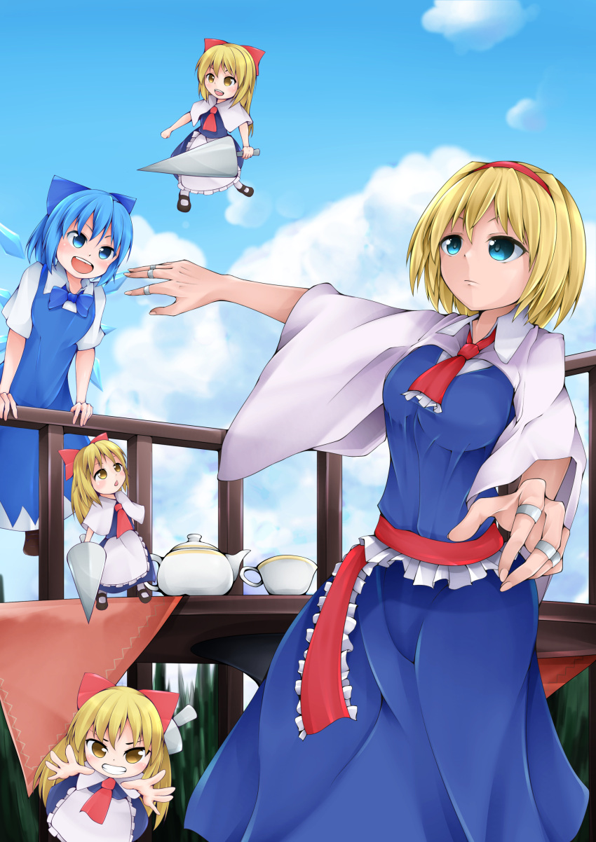 2girls :d absurdres alice_margatroid apron blonde_hair blue_bow blue_bowtie blue_dress blue_eyes blue_hair blue_sky bow bowtie capelet cirno clouds cup dress expressionless flying grin hair_ribbon hairband highres lance leaning_against_railing long_hair looking_at_another looking_at_viewer looking_away looking_up multiple_girls open_mouth outdoors outstretched_arms polearm puppet_rings reaching_out ribbon sash shanghai_doll short_hair shou_(ahiru_shinobu) sky smile spread_arms table tablecloth teacup teapot touhou waist_apron weapon wings yellow_eyes