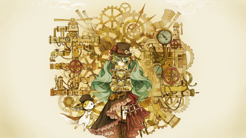 1girl animal aqua_eyes aqua_hair black_skirt boots brown_boots cross-laced_footwear gears hat hatsune_miku highres holster hourglass knee_boots long_hair looking_at_viewer marchen_noir red_ribbon ribbon shirt single_wing skirt steampunk top_hat treble_clef twintails very_long_hair vocaloid wallpaper white_wings wings yellow_shirt