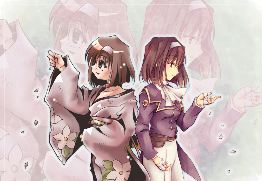 1girl ascot back-to-back belt border brown_eyes brown_hair buttons cherry_blossoms choker collaboration collarbone double-breasted dual_persona falling_petals fingerless_gloves floral_print from_side gloves hairband half_gloves hand_up japanese_clothes kanzaki_sumire kimono looking_at_hand mole mole_under_eye obi pants petals red_ribbon ribbon ribbon_choker sakura_taisen sash shimanda short_hair tailcoat violet_(flower) wato white_gloves zoom_layer