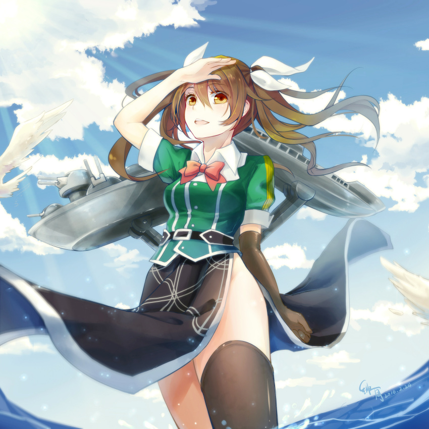 1girl absurdres asymmetrical_legwear brown_eyes brown_hair hair_between_eyes hair_ribbon highres kantai_collection long_hair machinery no_panties open_mouth partially_submerged pelvic_curtain remodel_(kantai_collection) ribbon scarlet_moon single_elbow_glove single_thighhigh solo thigh-highs tone_(kantai_collection) turret twintails water