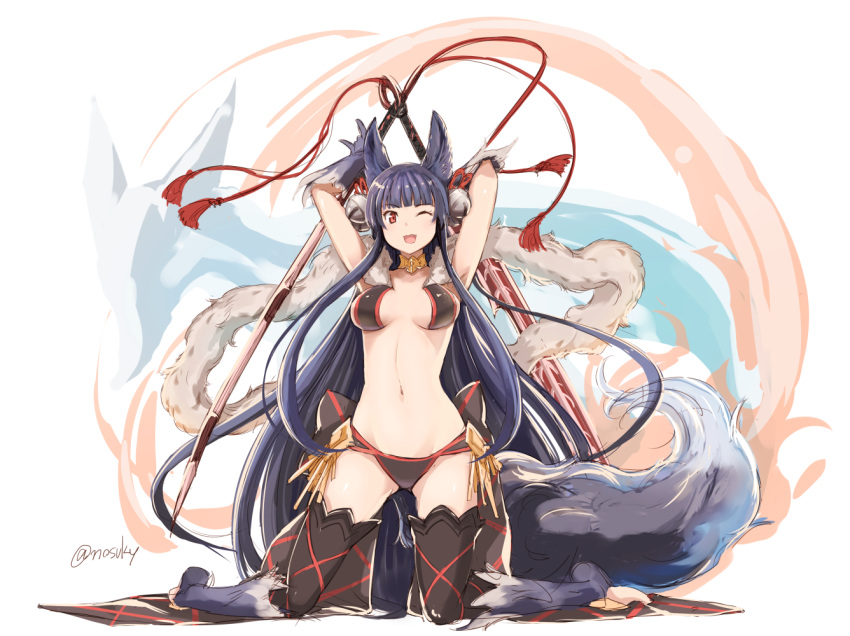 1girl animal_ears armpits arms_behind_head arms_up bell breasts fox_ears fox_tail gloves granblue_fantasy hair_bell hair_ornament kneeling long_hair midriff navel nosuku one_eye_closed open_mouth purple_hair red_eyes solo stomach tail thigh-highs twitter_username very_long_hair yuel_(granblue_fantasy)