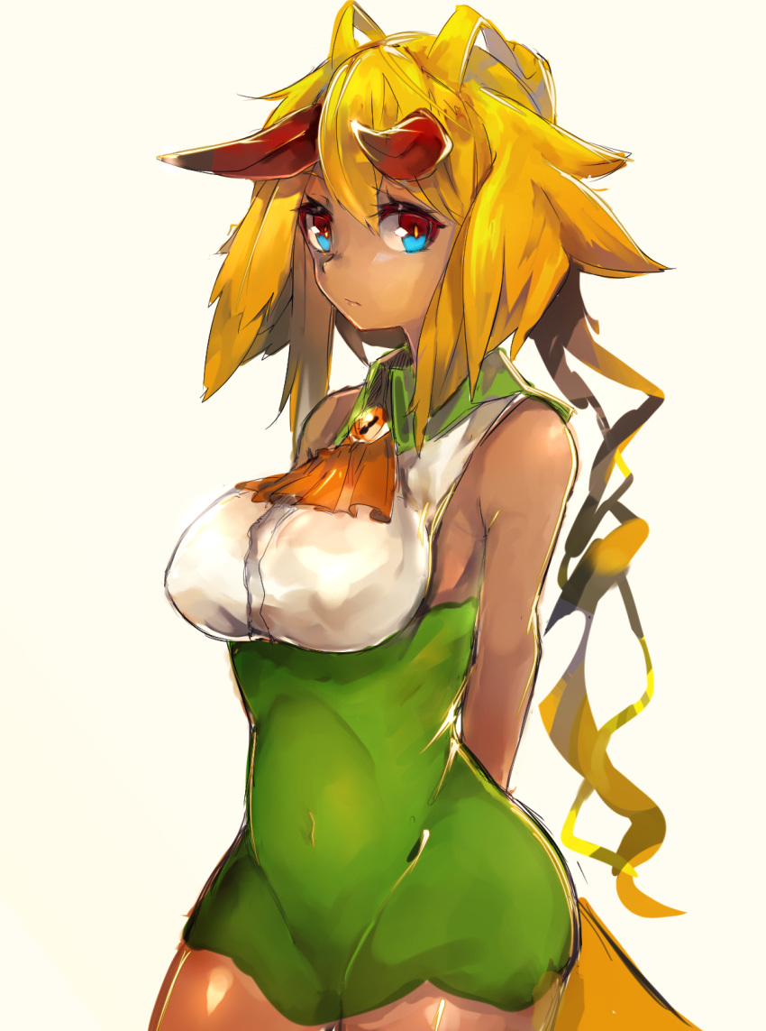 1girl :/ arms_behind_back beige_background blonde_hair blue_eyes breasts closed_mouth covered_navel dark_skin dress green_dress highres horns long_hair looking_at_viewer original shiratan simple_background sketch solo white_background