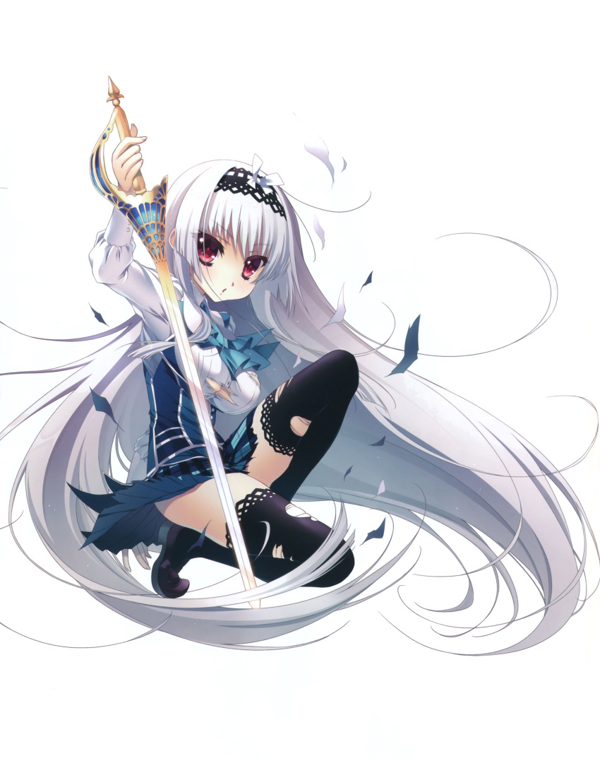 1girl absurdres artist_request black_legwear blush breasts copyright_request full_body grey_hair hairband highres holding holding_sword holding_weapon long_hair long_sleeves one_knee plaid plaid_skirt red_eyes simple_background skirt solo sword thigh-highs torn_clothes torn_thighhighs very_long_hair weapon white_background