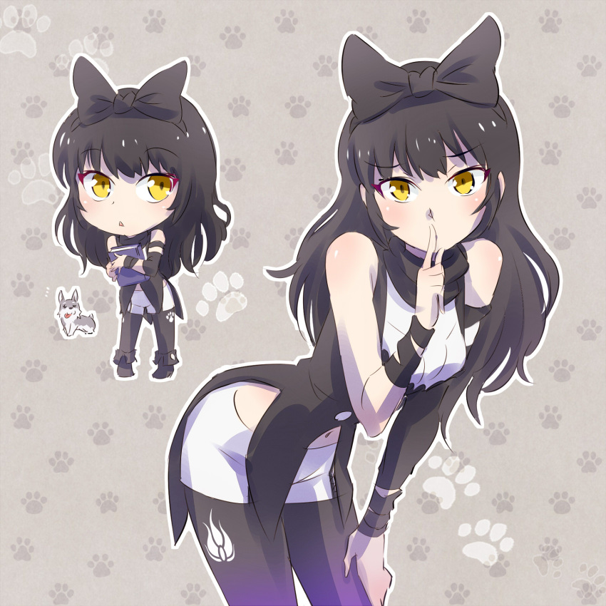 big_breasts black_hair blake_belladonna blush brown_eyes chibi long_hair ribbon rwby smile warrior