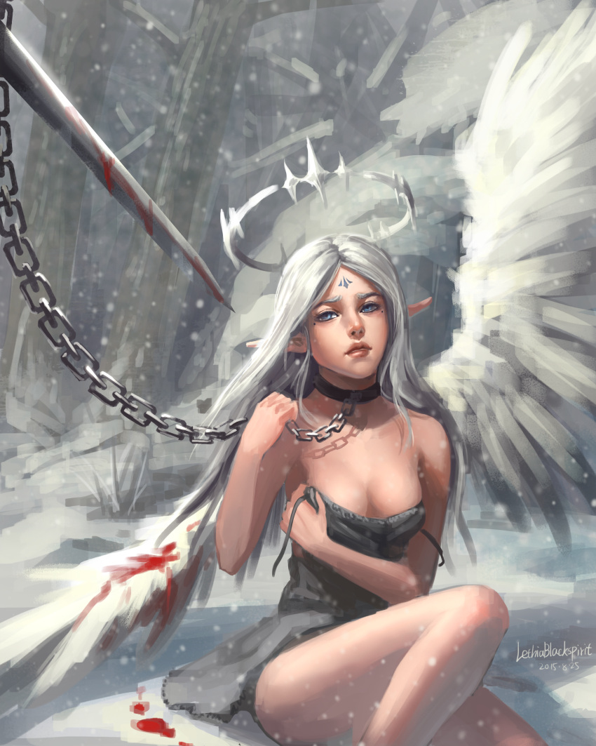 1girl 2015 absurdres artist_name bangs bare_shoulders bare_tree blood bloody_weapon bloody_wings blue_eyes breasts chain collar dated dress facial_mark ghostblade grey_dress grey_hair halo highres long_hair long_pointy_ears mole mole_under_eye number on_ground outdoors parted_bangs parted_lips pointy_ears sitting slave snow snowing solo_focus sword tree very_long_hair weapon white_wings wings yuwei_li