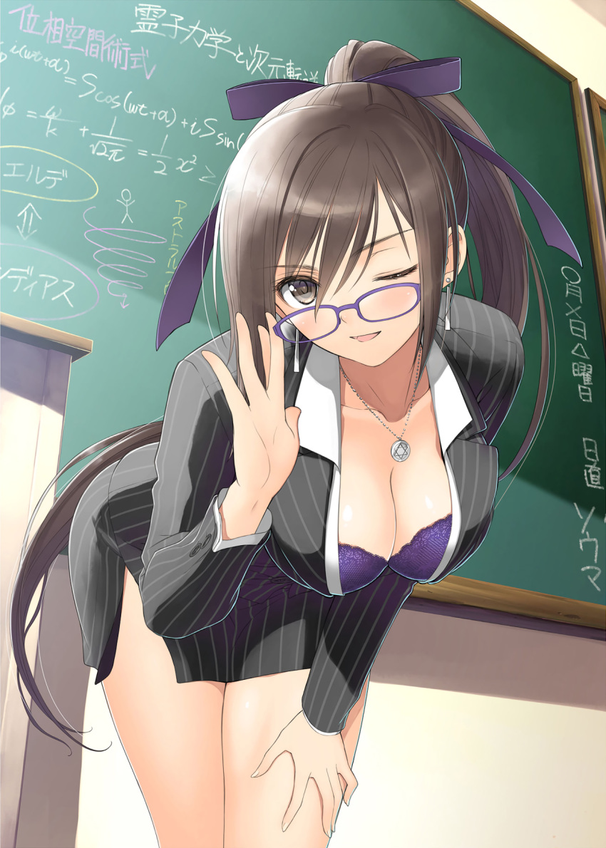 1girl adjusting_glasses bespectacled bra breasts brown_eyes brown_hair business_suit classroom cleavage formal glasses hair_ribbon hand_on_own_thigh highres indoors jewelry lace_bra leaning_forward looking_at_viewer maxima_enfield necklace one_eye_closed pendant pinstripe_suit ponytail purple_bra ribbon shining_(series) shining_blade smile solo striped suit tanaka_takayuki underwear