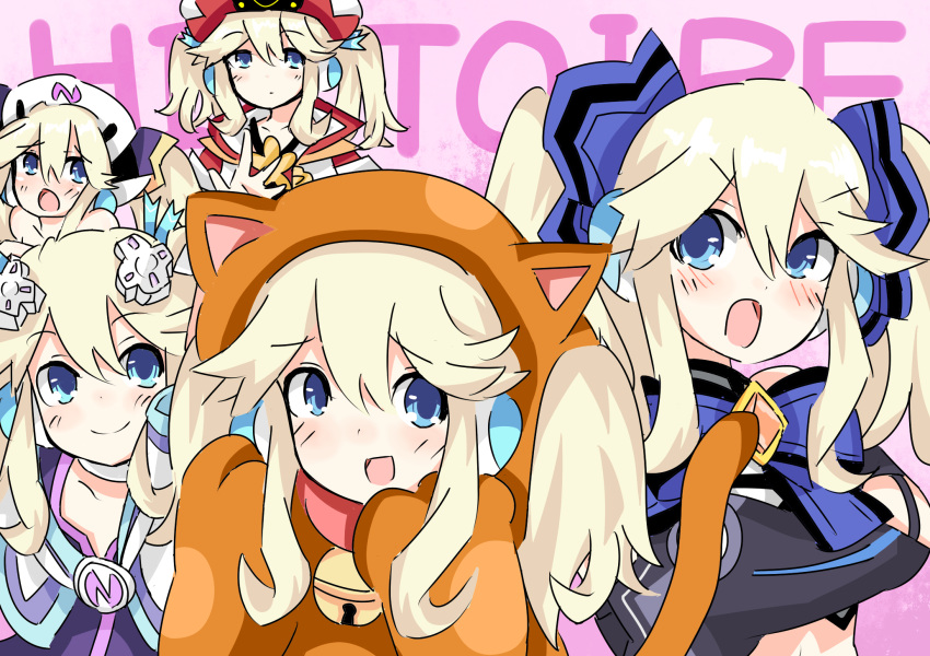 blanc blanc_(cosplay) blonde_hair blue_eyes blush character_name choujigen_game_neptune commentary_request hair_ornament highres histoire kisaragi_(kisaragi0930) long_hair neptune_(choujigen_game_neptune) neptune_(choujigen_game_neptune)_(cosplay) neptune_(series) noire noire_(cosplay) twintails