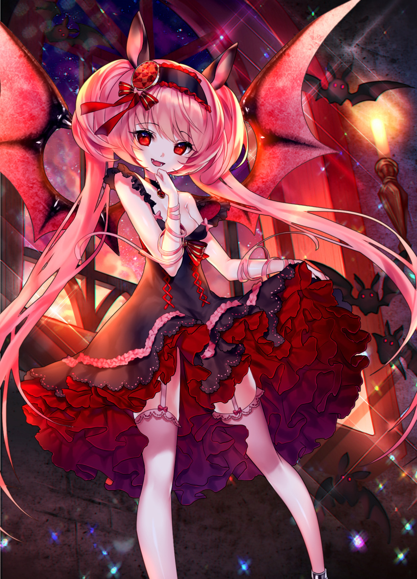 1girl :d animal_ears arm_ribbon bat black_dress black_joa breasts candle choker demon_wings dress fang garter_straps highres long_hair open_mouth original pink_hair pink_ribbon red_eyes ribbon skirt_hold smile solo sparkle strap_slip thigh-highs twintails very_long_hair white_legwear window wings