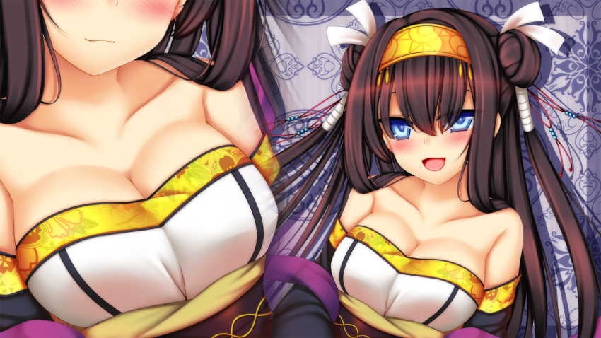 1girl :3 :d bangs bare_shoulders beads black_hair blue_eyes blush border breasts character_request cleavage closed_mouth collarbone detached_sleeves double_bun fringe hair_beads hair_between_eyes hair_ornament hair_ribbon hairband head_out_of_frame highres large_breasts long_hair looking_at_viewer multiple_views open_mouth patterned_background playjoe2005 ribbon sash sennen_sensou_aigis shawl smile strapless upper_body white_ribbon