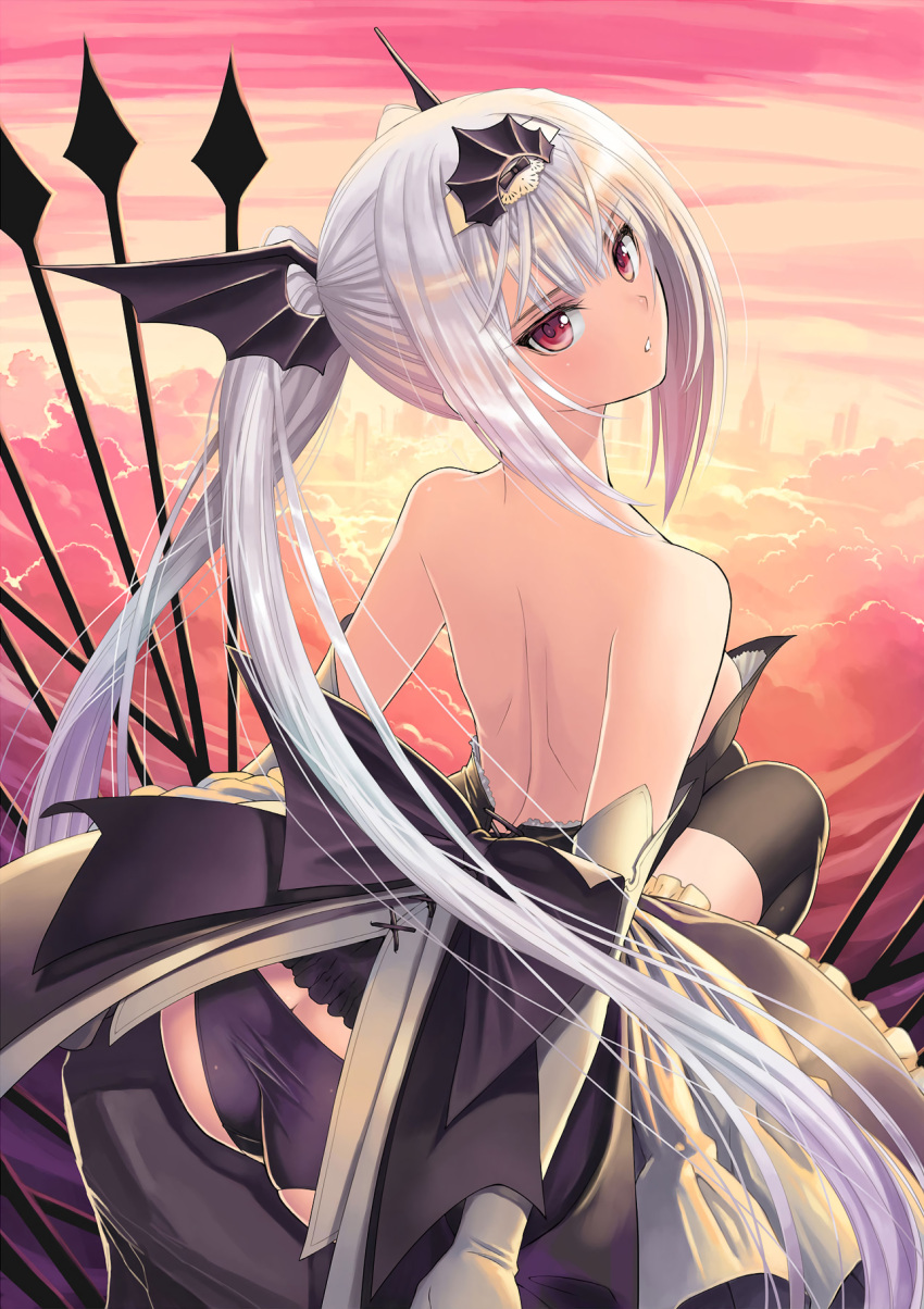 1girl arched_back ass backboob bare_shoulders black_dress black_panties breasts dress elbow_gloves from_behind gloves grey_gloves hair_ornament highres long_hair outdoors panties parted_lips red_eyes shining_(series) silver_hair sitting solo strapless strapless_dress sunset tanaka_takayuki twintails underwear very_long_hair