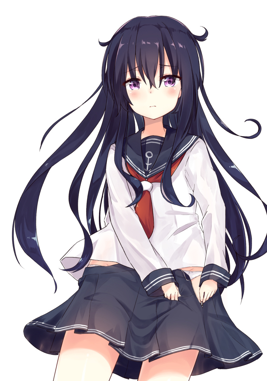 1girl akatsuki_(kantai_collection) anchor_symbol black_skirt blush closed_mouth cowboy_shot expressionless eyebrows eyebrows_visible_through_hair hair_between_eyes highres kantai_collection legs_apart long_hair long_sleeves looking_at_viewer messy_hair neckerchief open_clothes open_skirt panties pleated_skirt pulled_by_self purple_hair school_uniform seki_(l0410706268) serafuku shirt simple_background skirt skirt_pull solo standing underwear undressing unzipped unzipping very_long_hair violet_eyes white_background white_panties white_shirt zipper