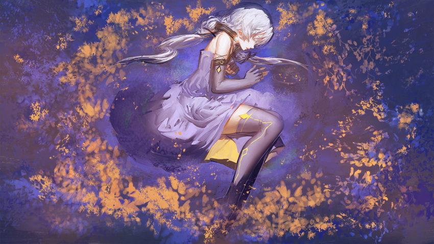 1girl bangs blackrabbitsoul blue_dress blue_gloves blue_hair blue_legwear dress fetal_position fingerless_gloves from_above gloves hair_ribbon half-closed_eyes highres long_hair lying on_side parted_lips partially_submerged profile reflection ribbon silver_hair sleeveless solo star star_(sky) thigh-highs twintails very_long_hair vocaloid vocanese wallpaper water xingchen yellow_eyes