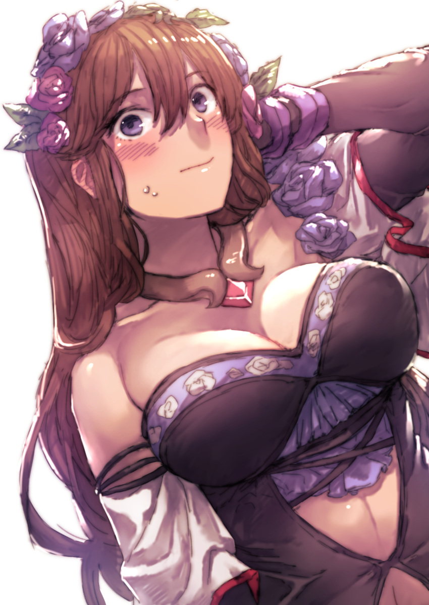 1girl arm_behind_head bare_shoulders blue_eyes blush breasts brown_hair cleavage constricted_pupils detached_sleeves dutch_angle flower granblue_fantasy hair_flower hair_ornament highres long_hair looking_at_viewer navel_cutout open_mouth rosetta_(granblue_fantasy) solo surprised uguisu_(pix-pix) upper_body violet_eyes