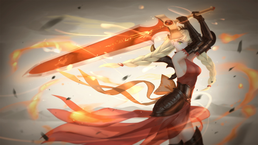 1girl armor armpits arms_up bare_shoulders blonde_hair boots braid breasts commentary_request dress elbow_gloves fire_valkyrie_(p&amp;d) gauntlets gloves green_eyes highres holding holding_weapon huge_weapon long_hair puzzle_&amp;_dragons red_dress sleeveless sleeveless_dress solo sword thigh-highs thigh_boots tiara tsuruki_noki twin_braids valkyrie valkyrie_(p&amp;d) weapon