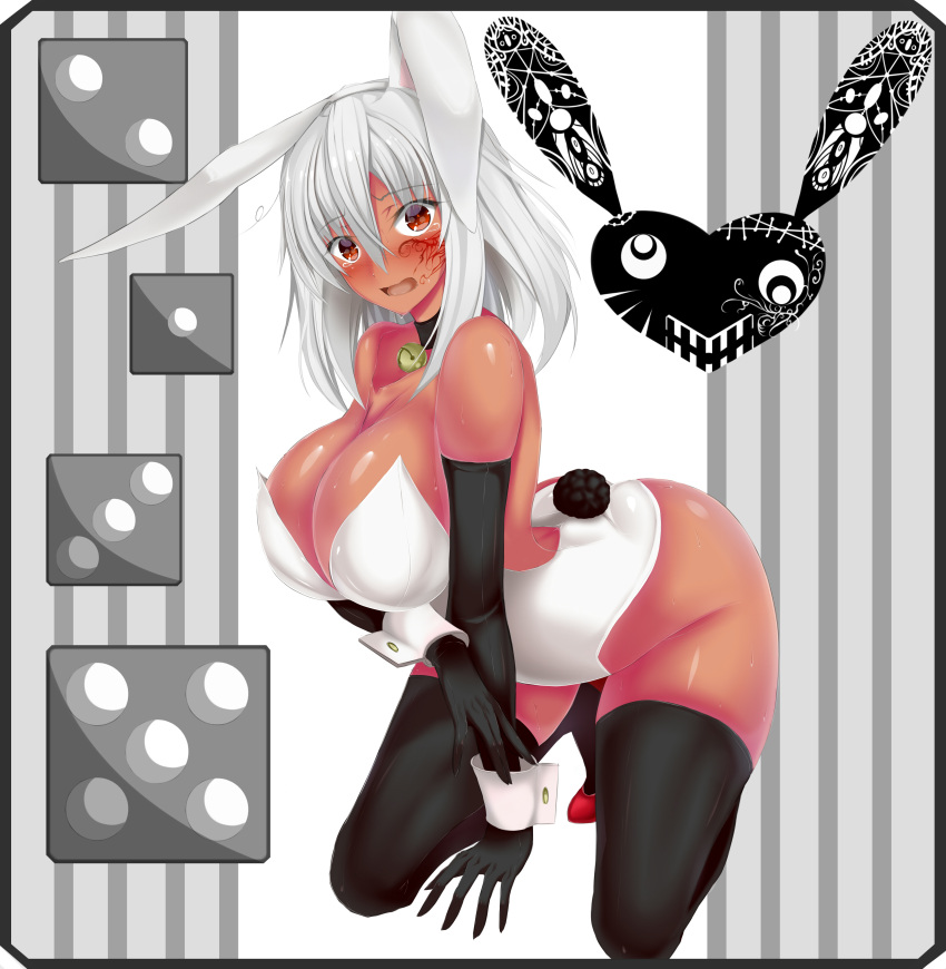 1girl absurdres animal_ears bell bell_choker black_gloves black_legwear blush breasts bunny_girl bunny_tail bunnysuit choker cleavage elbow_gloves gloves highres huge_breasts ill kneeling long_hair looking_at_viewer open_mouth original rabbit_ears red_eyes solo tail tattoo tears thigh-highs white_hair wrist_cuffs