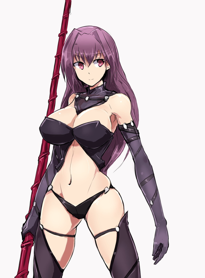 1girl adapted_costume armor black_panties breasts depo_(typebaby505) elbow_gloves fate/grand_order fate_(series) gae_bolg gloves highres holding holding_weapon large_breasts long_hair navel panties pauldrons polearm purple_hair red_eyes scathach_(fate/grand_order) simple_background solo spear thigh-highs underwear weapon