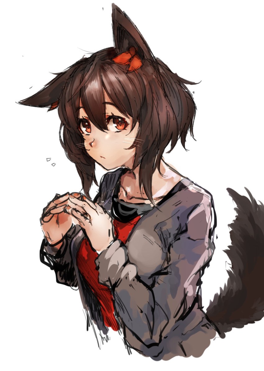 /\/\/\ 1girl :/ animal_ears brown_hair grey_jacket highres jacket looking_at_viewer open_clothes open_jacket orange_eyes original red_shirt shiratan shirt simple_background sketch solo steepled_fingers tail upper_body whiskers white_background