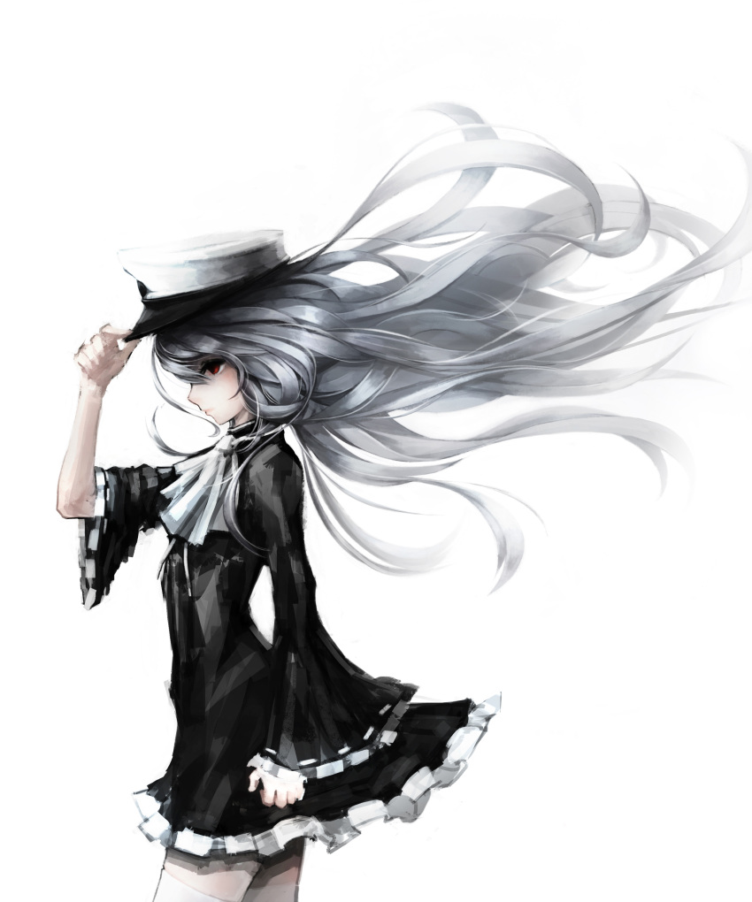 1girl absurdres black_dress closed_mouth copyright_request dress from_side grey_hair gyup91 hand_on_headwear hat highres long_hair peaked_cap profile red_eyes simple_background solo white_background wide_sleeves