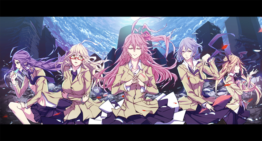 5girls ahoge antenna_hair aoi_sena artist_request blazer blonde_hair blue_eyes blue_hair blue_skirt breasts building chaos;head closed_eyes clouds cloudy_sky facing_viewer food glasses hair_ribbon hand_on_own_chest hand_on_thigh hands_together highres holding holding_food interlocked_fingers jacket kishimoto_ayase kusunoki_yua letterboxed long_hair looking_at_viewer looking_to_the_side looking_up loose_necktie multiple_girls navel necktie necktie_removed nishijou_nanami no_bra ohs80002 open_clothes orihara_kozue own_hands_together pink_hair pleated_skirt popsicle profile purple_hair red-framed_glasses red_eyes ribbon sakihata_rimi school_uniform semi-rimless_glasses shirt short_hair silver_hair skirt sky skyscraper source_request under-rim_glasses undone_necktie very_long_hair white_shirt yellow_eyes