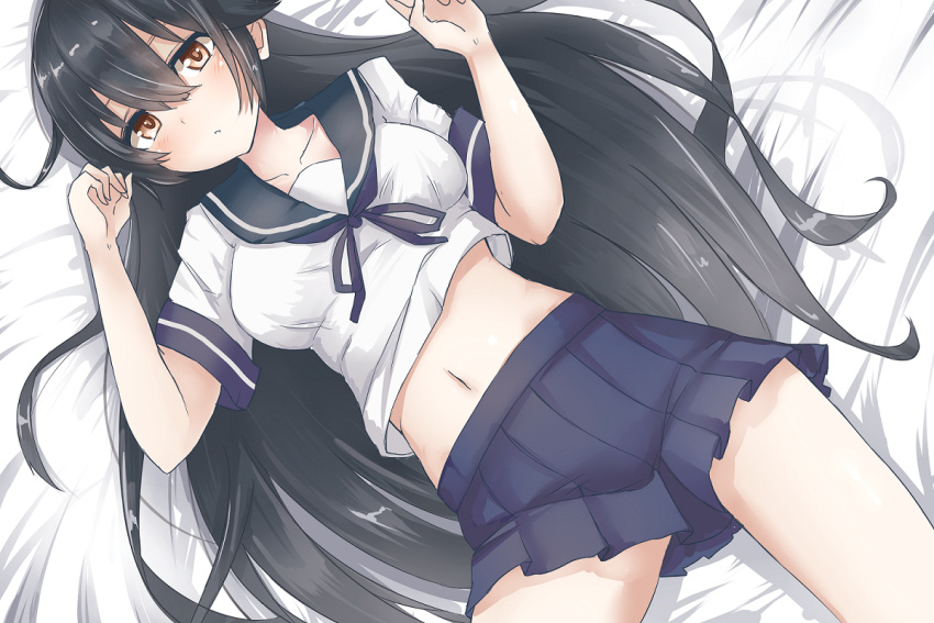 1girl ahoge black_hair blue_skirt breasts brown_eyes collarbone hair_between_eyes kantai_collection large_breasts long_hair looking_at_viewer lying navel on_back pleated_skirt school_uniform serafuku short_sleeves skirt solo thighs tokoi ushio_(kantai_collection) very_long_hair