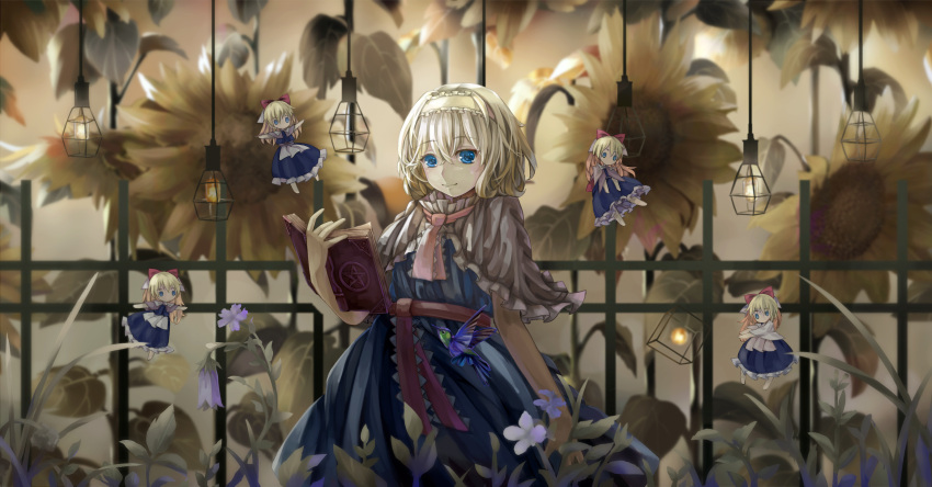 1girl alice_margatroid blonde_hair blue_dress blue_eyes book capelet dead_line doll dress flower hairband highres looking_at_viewer necktie open_book ribbon sash shanghai_doll short_hair smile solo touhou