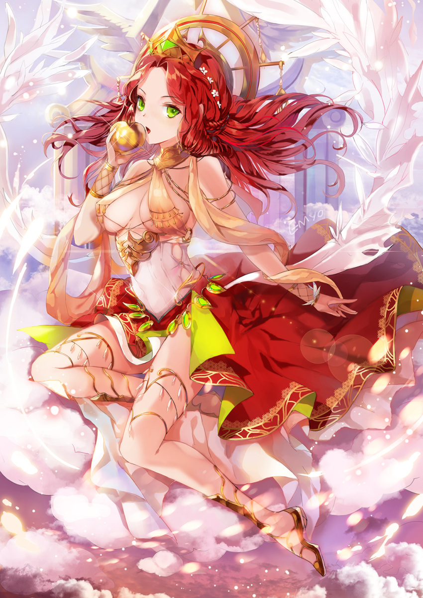 1girl apple armor barefoot braid breasts clouds coin_(ornament) crown curly_hair dress feathers fishnets floating_hair flower flying food fringe fruit goddess gold golden_apple greek_mythology green_eyes hair_flower hair_ornament hera_(mythology) highres holding holding_fruit lens_flare light_particles long_hair o-ring_top original pillar redhead shawl signature solo sparkle thighlet under_boob waist_cape wavy_hair white_flower white_wings wind wings wrist_wings yumaomi
