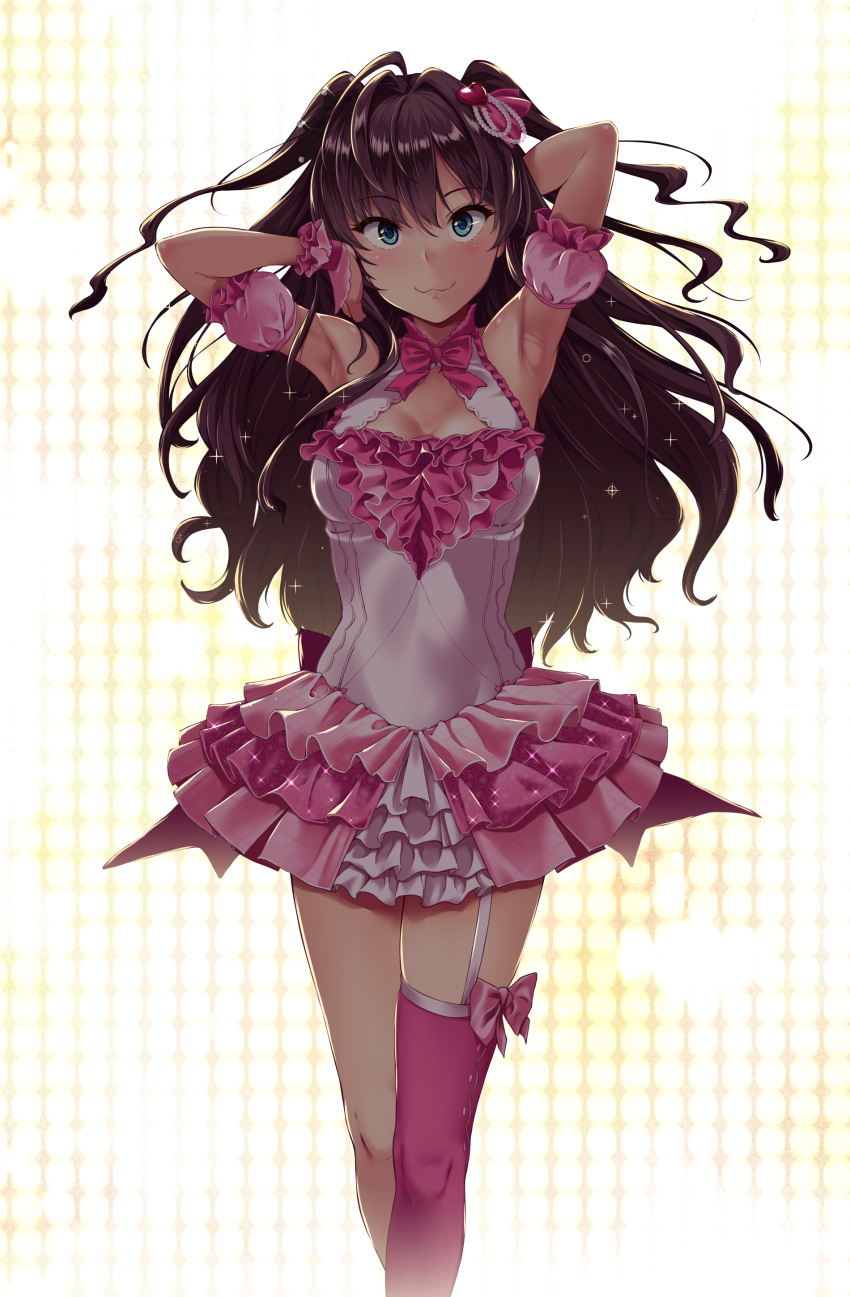 1girl :3 absurdres ahoge armpits arms_up blue_eyes blush breasts brown_hair cleavage cleavage_cutout commentary_request detached_sleeves dress garter_straps hair_ornament highres ichinose_shiki idolmaster idolmaster_cinderella_girls long_hair looking_at_viewer nishi_(count2.4) pink_dress pink_legwear puffy_short_sleeves puffy_sleeves short_sleeves single_thighhigh smile solo thigh-highs twintails