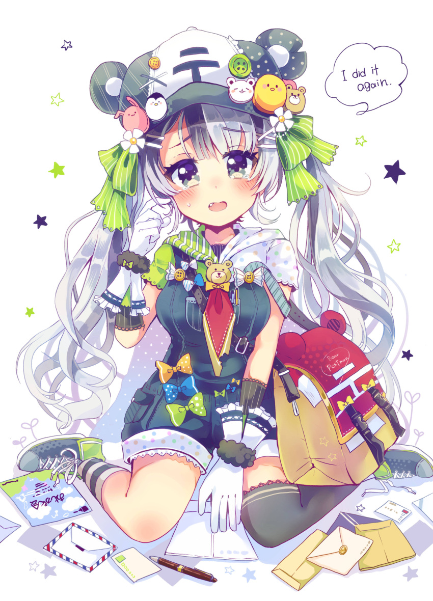 1girl absurdres airmail_envelope bag bangs bear_hat between_legs black_hair blush bow clumsy commentary_request elbow_gloves english envelope eyebrows eyebrows_visible_through_hair fang flower gloves grey_eyes grey_hair hair_flower hair_ornament hair_ribbon hairpin hand_between_legs hat_ornament highres hood hood_down kneeling looking_at_viewer mail mailman manila_envelope mismatched_legwear multicolored_hair necktie niikura_kaori open_mouth original over-kneehighs overalls ribbon shoes short_sleeves shorts shoulder_bag solo star striped striped_legwear sweatdrop tearing_up thigh-highs two-tone_hair wristband