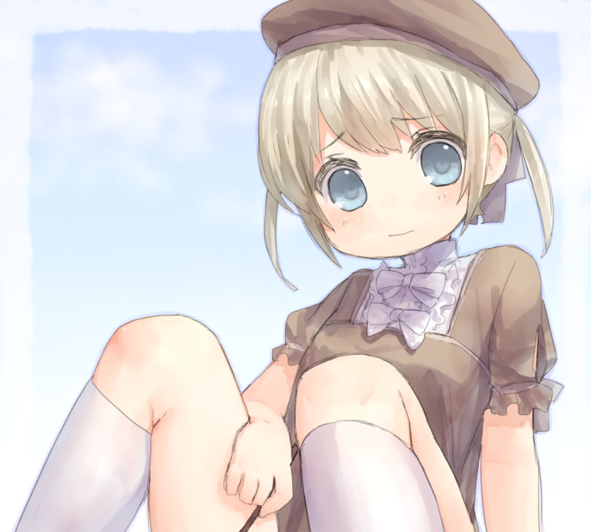 1girl black_dress blonde_hair blue_eyes blue_sky clouds dress hat looking_at_viewer original out-of-frame_censoring sad_fuka sitting sky solo twintails