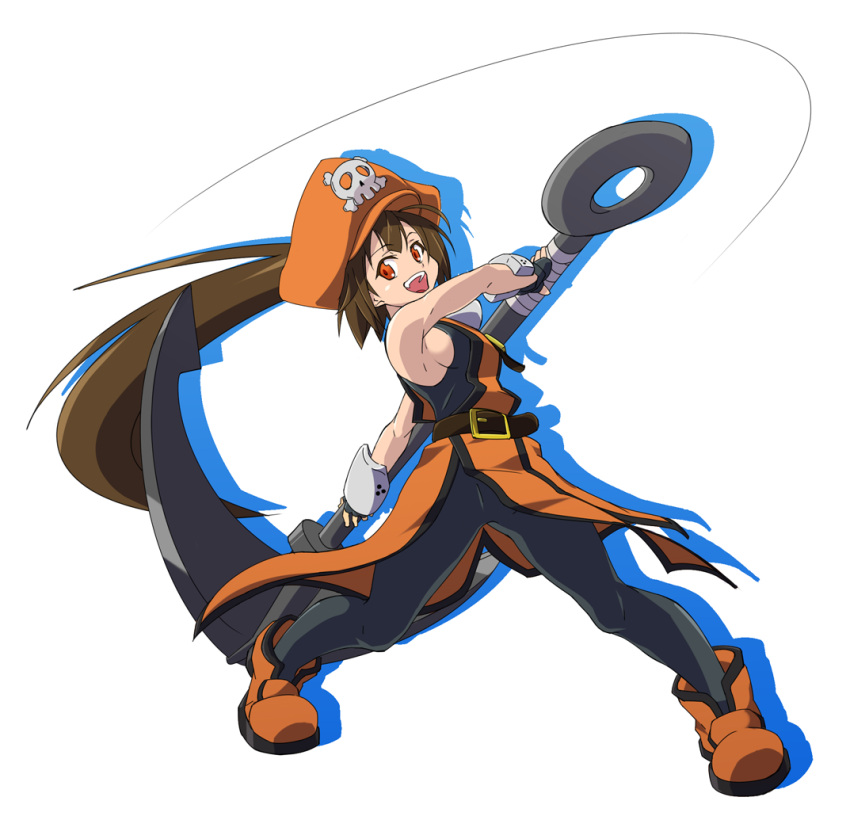 1girl 4wiw anchor ankle_boots boots breasts brown_hair fingerless_gloves full_body gloves guilty_gear hat huge_weapon long_hair may_(guilty_gear) orange_eyes orange_hat pantyhose pirate_hat ponytail sideboob skull_and_crossbones sleeveless smile solo weapon
