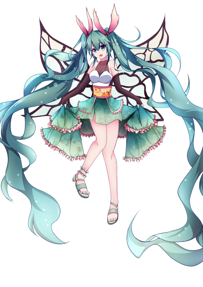 1girl absurdly_long_hair butterfly_wings green_eyes green_hair hatsune_miku highres long_hair qingye_ling sandals solo twintails very_long_hair vocaloid wings