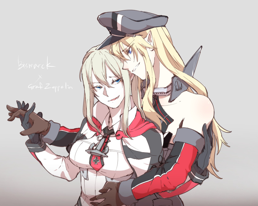 2girls anchor_symbol bare_shoulders bismarck_(kantai_collection) black_gloves blonde_hair blue_eyes breasts capelet collarbone elbow_gloves gloves graf_zeppelin_(kantai_collection) hair_between_eyes hat hat_removed headwear_removed highres interlocked_fingers iron_cross kantai_collection long_hair long_sleeves looking_at_another military military_hat multiple_girls necktie peaked_cap simple_background smile takatsuki_nato twintails upper_body yuri