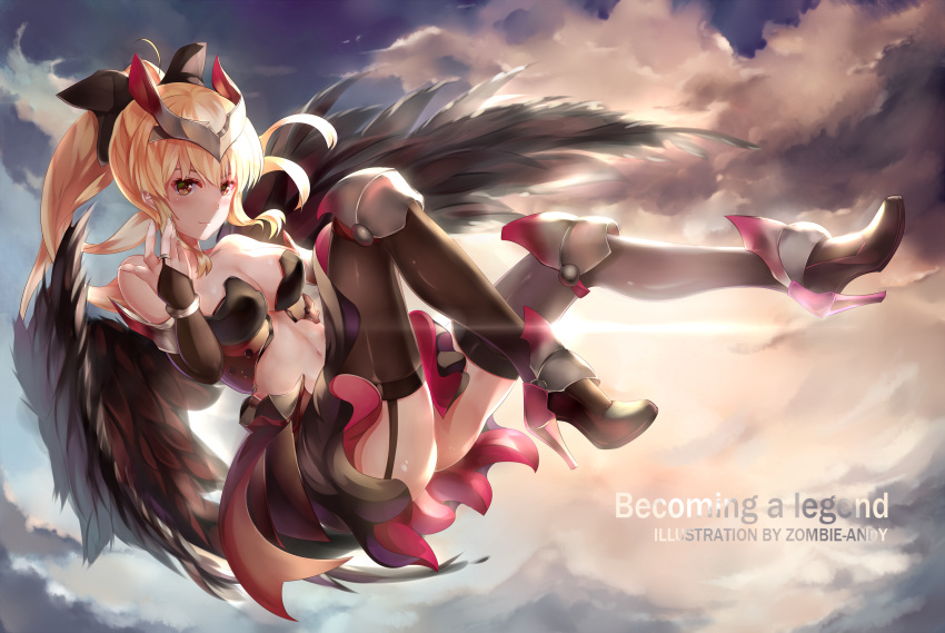 1girl absurdres armor artist_name bent_knees bikini_armor black_legwear black_wings blonde_hair breasts cleavage clouds cloudy_sky crop_top detached_sleeves english feathered_wings floating floating_hair full_body garter_straps greaves headgear high_heels highres knees_up light_smile medium_breasts midriff navel original ponytail profile scenery sky sunset thighs wings zombie-andy