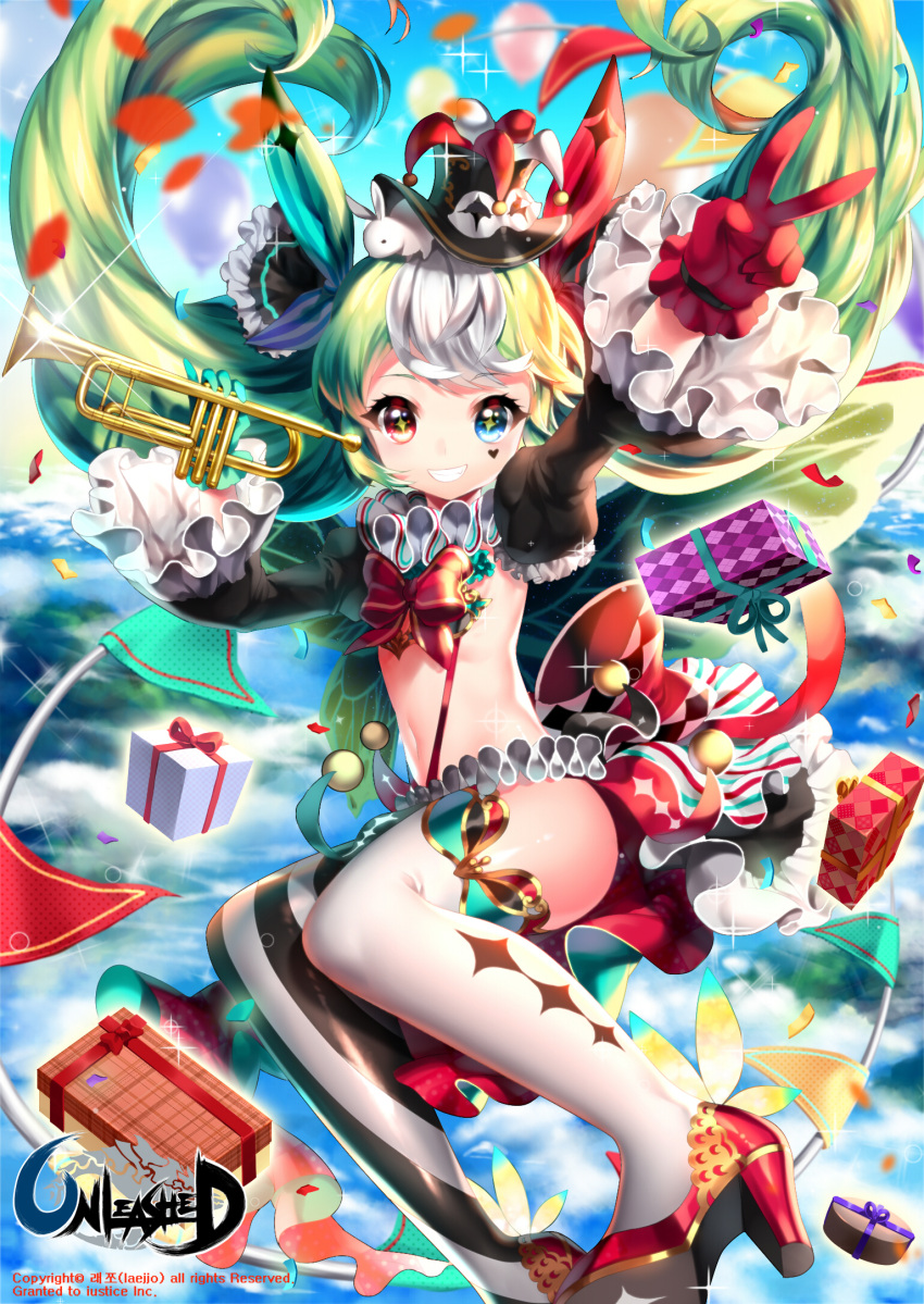 +_+ 1girl animal animal_on_head aqua_gloves aqua_ribbon artist_name black_joa blue_eyes bow box clouds company_name copyright_name facial_mark gift gift_box gloves grin hair_ribbon hat heart heterochromia high_heels highres holding instrument juliet_sleeves long_hair long_sleeves looking_at_viewer mismatched_legwear multicolored_hair navel outstretched_arm petals puffy_sleeves rabbit red_bow red_eyes red_gloves red_ribbon ribbon shoes sky smile sparkle striped striped_legwear thigh-highs top_hat trumpet twintails two-tone_hair unleashed v watermark white_hair white_legwear