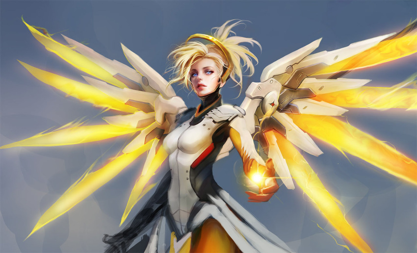 1girl blonde_hair blue_eyes bodysuit breastplate eyeshadow lips makeup mechanical_halo mechanical_wings mercy_(overwatch) muju nose outstretched_hand overwatch pantyhose power_suit solo wings