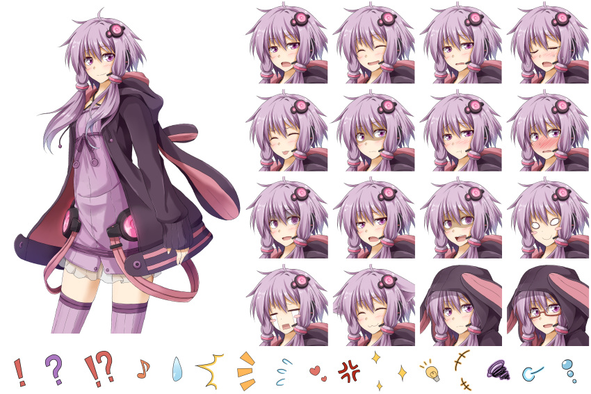 ! !? +++ /\/\/\ 1girl :3 :d :t =3 ? absurdres anger_vein animal_hood bespectacled blush bunny_hood closed_eyes cowboy_shot crying crying_with_eyes_open dress expressions flask_(pandora) flying_sweatdrops glasses hair_ornament heart highres hood hood_down hooded_jacket jacket long_sleeves looking_at_viewer low_twintails musical_note nose_blush open_clothes open_jacket open_mouth pout purple_dress purple_hair purple_legwear shaded_face short_hair_with_long_locks smile solo sparkle squiggle sweatdrop tachi-e tears thigh-highs tongue tongue_out twintails violet_eyes vocaloid voiceroid white_background yuzuki_yukari