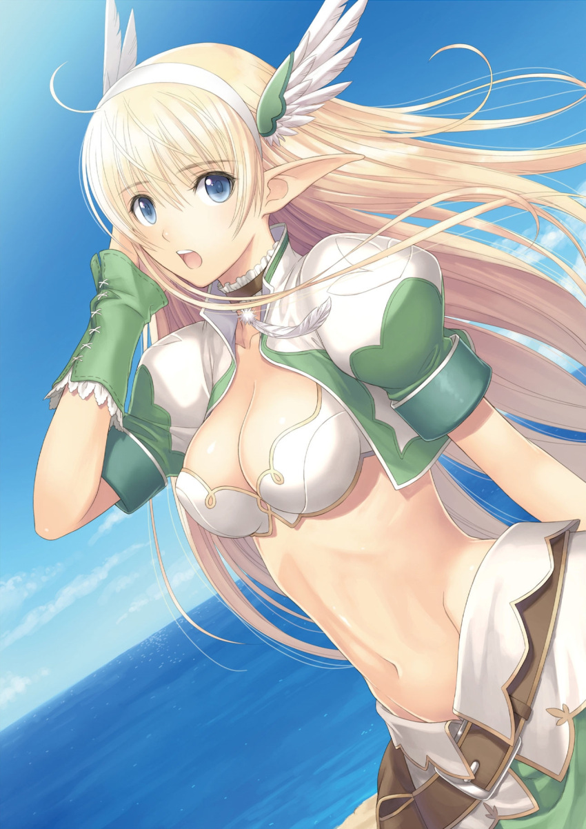 1girl adjusting_hair belt belt_pouch blonde_hair blue_eyes blue_sky breasts choker cleavage cleavage_cutout clouds cloudy_sky dress dutch_angle elf elwing feathers fingerless_gloves frilled_choker frills gloves green_gloves groin hairband head_wings highres large_breasts long_hair midriff navel ocean pointy_ears puffy_short_sleeves puffy_sleeves shining_(series) shining_ark short_sleeves skirt sky solo tanaka_takayuki water