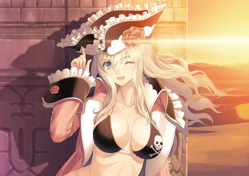 1girl bikini black_bikini blue_eyes breasts breasts_apart brown_hair coat collarbone female flower frills hands_on_headwear hat highres looking_at_viewer navel official_art one_eye_closed open_clothes open_mouth pirate pirate_hat pointing pointing_up rose runes shadow shining_(series) shining_ark skull_and_crossbones smile solo sunset swimsuit tanaka_takayuki velvet_batrass