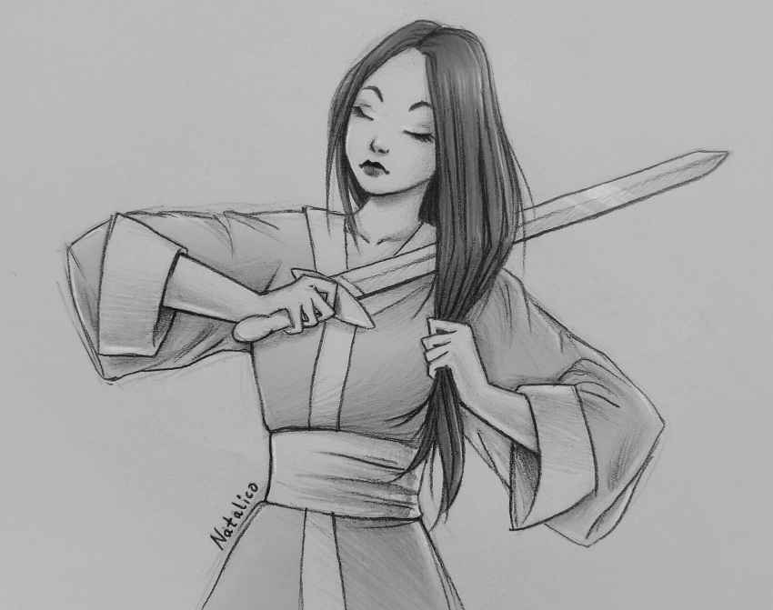 1girl absurdres black_hair chinese_clothes closed_eyes closed_mouth disney highres long_hair monochrome mulan natalico simple_background sword traditional_media weapon
