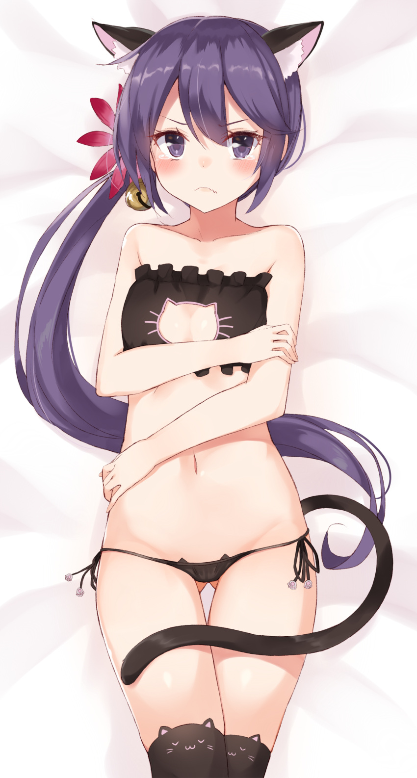 1girl absurdres akebono_(kantai_collection) animal_ears ass_visible_through_thighs bare_arms bare_legs bare_shoulders bed_sheet bell black_bra black_legwear black_panties blush bra cat_band_legwear cat_cutout cat_ear_panties cat_ears cat_lingerie cat_tail cleavage_cutout closed_mouth collarbone cowboy_shot fake_animal_ears flat_chest flower from_above frown groin hair_bell hair_flower hair_ornament highres jingle_bell kantai_collection kemonomimi_mode long_hair looking_at_viewer lying midriff navel note_(aoiro_clip) on_back panties purple_hair shiny shiny_skin side-tie_panties side_ponytail signature small_breasts solo stomach tail tears thigh-highs thigh_gap underwear underwear_only violet_eyes