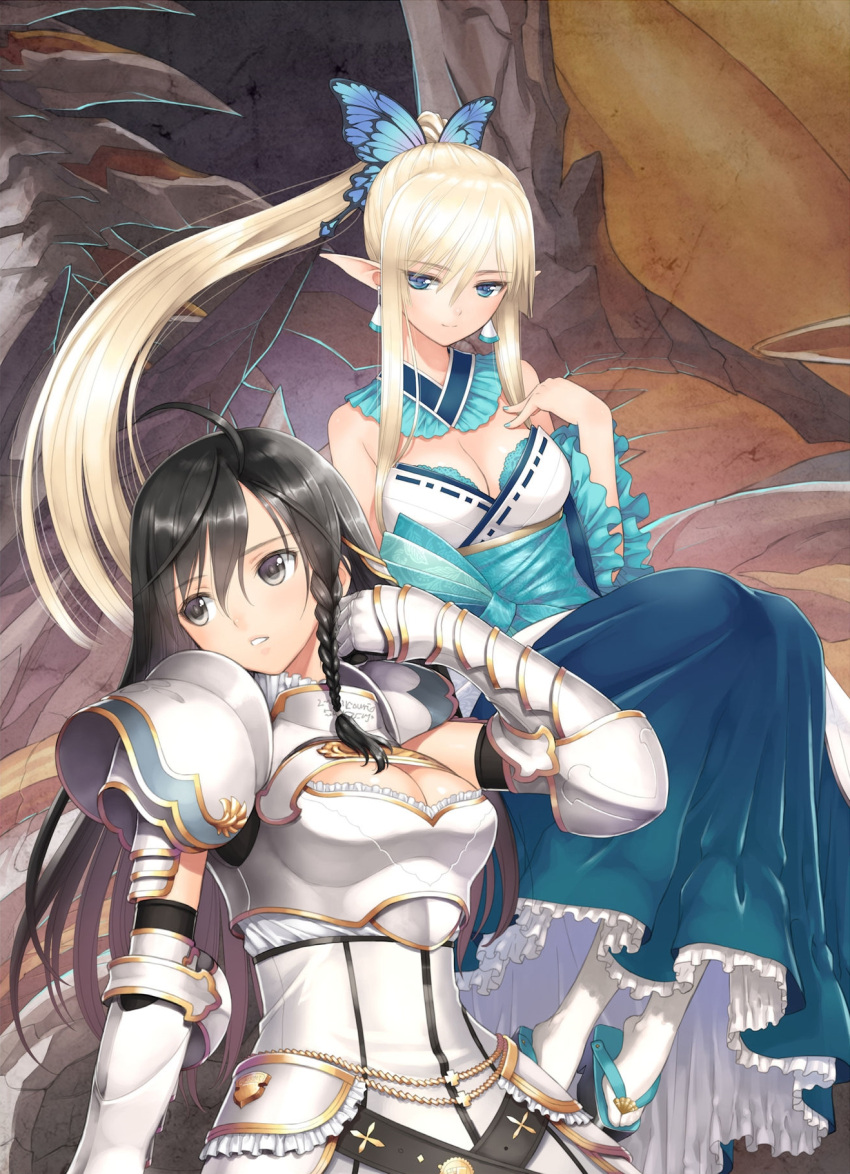 2girls armor black_eyes black_hair blonde_hair blue_eyes braid breast_cutout breastplate breasts butterfly_hair_ornament cave cleavage collar detached_collar detached_sleeves dragon dress earrings elf frilled_collar frilled_dress frilled_skirt frilled_sleeves frills gauntlets hair_ornament highres japanese_clothes jewelry kirika_towa_alma large_breasts long_dress long_hair long_legs looking_away multiple_girls obi official_art pauldrons pointy_ears ponytail ribbon sandals sash shining_(series) shining_resonance sidelocks single_braid sitting skirt sonia_blanche tanaka_takayuki white_background