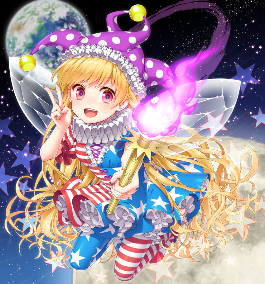 american_flag_dress american_flag_legwear blonde_hair clownpiece dress earth fairy_wings fire floating_hair frilled_hat frills hat highres jester_cap kuronohana long_hair looking_at_viewer moon neck_ruff open_mouth pantyhose polka_dot red_eyes smile space star striped teeth torch touhou very_long_hair wings
