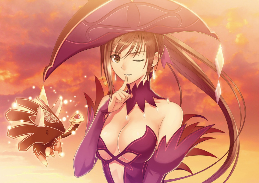 1girl bare_shoulders breasts brown_hair cleavage clouds cloudy_sky collarbone detached_collar detached_sleeves dress elbow_gloves finger_to_mouth fingerless_gloves gloves hand_up hat highres large_breasts looking_at_viewer no_bra one_eye_closed panties ponytail shining_(series) shining_ark sky smile solo tanaka_takayuki underwear viola_(shining_ark)