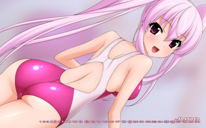 1girl ass calendar competition_swimsuit from_behind highres long_hair one-piece_swimsuit original pink_hair sugimura_tomokazu swimsuit twintails violet_eyes