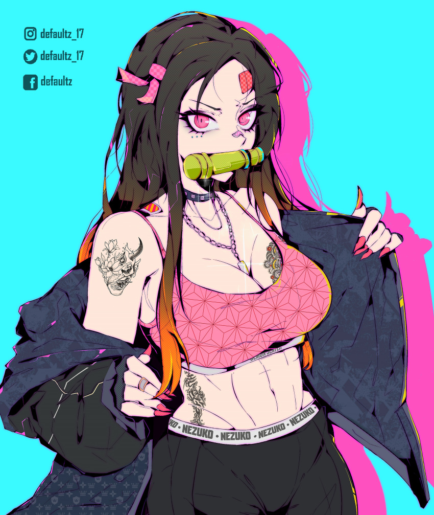 absurdres bamboo_gag black_hair black_pants blue_background bra defaultz gag gradient_hair highres jacket kamado_nezuko kimetsu_no_yaiba multicolored_hair pants pink_bra pink_eyes pink_nails redhead simple_background tattoo underwear watermark