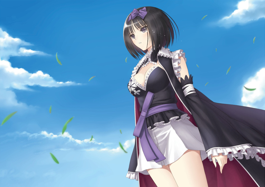 1girl bangs black_dress black_hair blue_sky blunt_bangs bow breasts cape cleavage clouds cloudy_sky cowboy_shot crying detached_collar detached_sleeves dress eyebrows eyebrows_visible_through_hair frilled_sleeves frills hair_bow hairband highres hime_cut japanese_clothes leaf long_sleeves looking_away official_art open_mouth purple_bow sad sash shining_(series) shining_blade short_hair skirt sky sleeves_past_wrists solo tanaka_takayuki tears violet_eyes white_skirt wide_sleeves yukihime