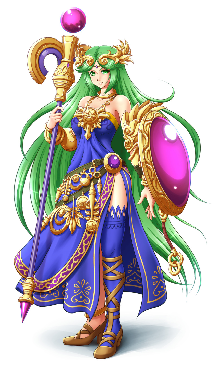 1girl alternate_color anklet asymmetrical_footwear blue_dress blue_legwear blue_skirt breasts dress full_body gold green_eyes green_hair highres hips jewelry kid_icarus layered_clothing long_hair mazume ornament palutena shield shiny shiny_hair side_slit simple_background single_thighhigh skirt smile solo staff strapless strapless_dress super_smash_bros. thigh-highs very_long_hair white_background