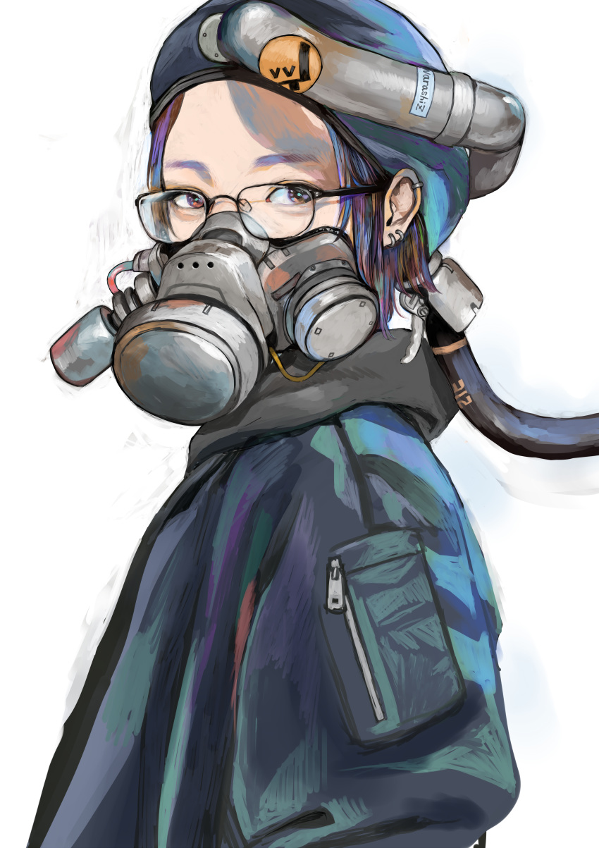 1girl absurdres artist_name beret brown_eyes eyebrows forehead from_side gas_mask gauge glasses hat highres jacket junjunforever looking_at_viewer purple_hair shadow short_hair simple_background text white_background zipper