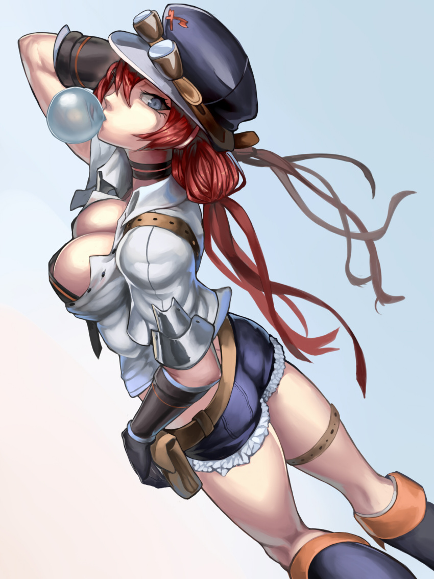 1girl arm_up ass bag bangs belt_pouch black_gloves blue_boots blue_eyes blue_hat blue_shorts boots breasts bubblegum choker copyright_request cropped_jacket denim denim_shorts eyelashes from_above gloves goggles_on_hat gradient gradient_background gum hair_between_eyes hat highres knee_boots kumiko_shiba large_breasts long_hair looking_at_viewer looking_up midriff redhead shorts solo thigh_strap twintails two-tone_background unbuttoned
